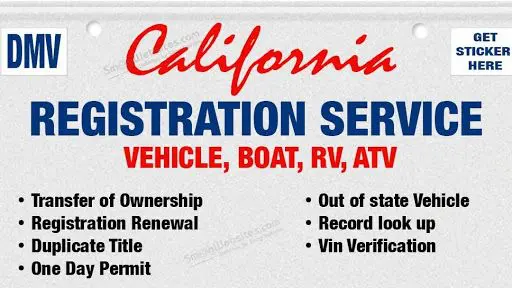 A california registration service sign is shown.