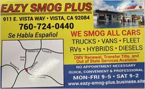 A sign for eazy smog plus in vista, california.