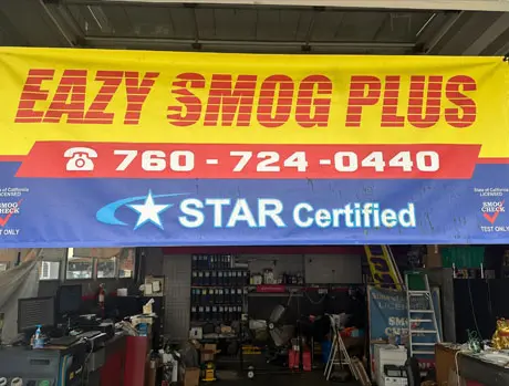 A sign for crazy smog plus in front of a store.